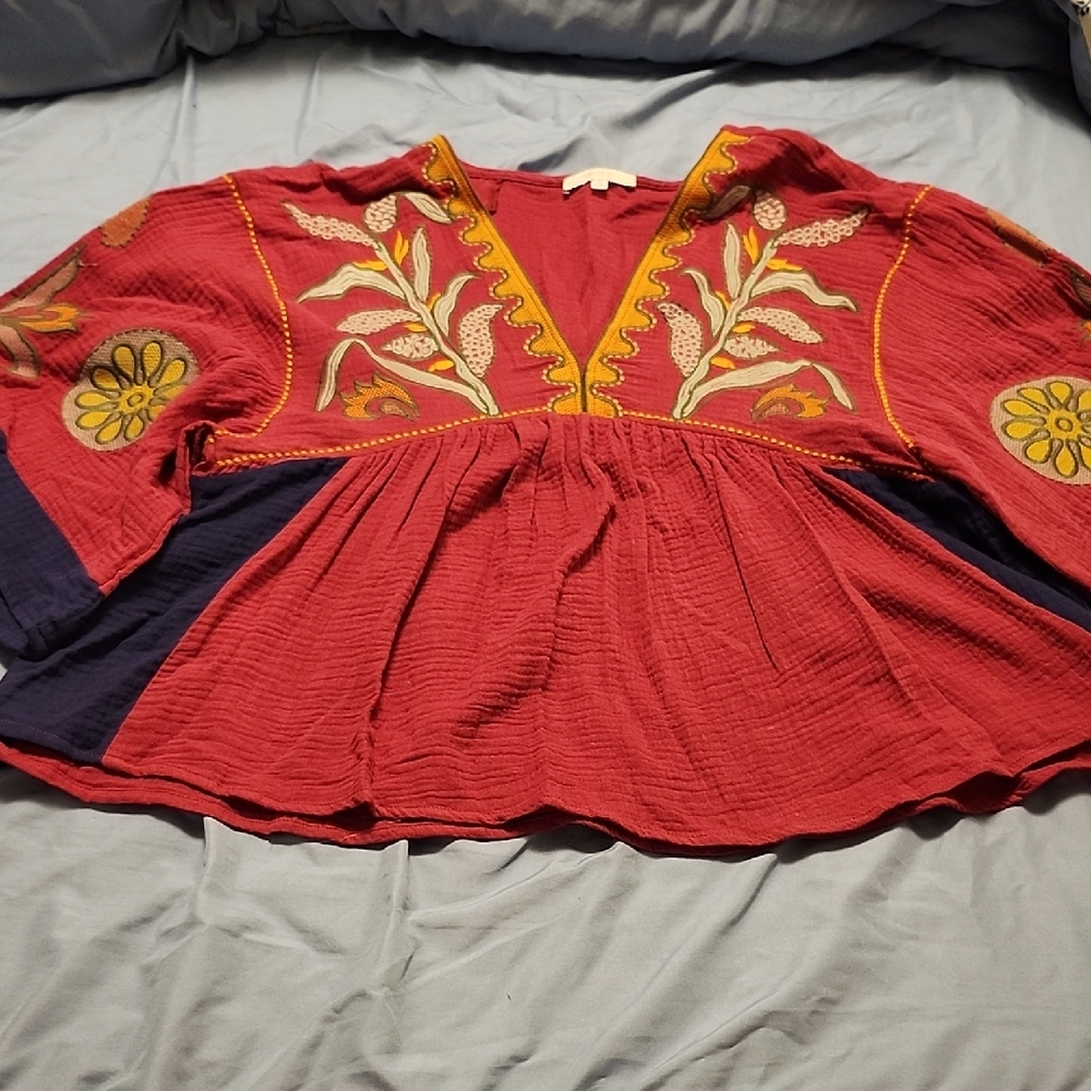 Elegant Red and Navy Embroidered Blouse